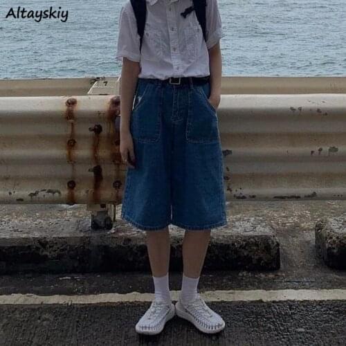 Shorts Women Vintage Korean Style Denim Female Summer High Waist Loose Straight Trousers Knee-length Couples Preppy Student Chic