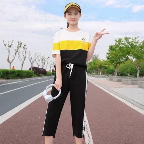 Girl Sports Suits Clothing Sets 6 8 10 11 12 13 14 Year Girls print Tracksuits Costume Kids Cotton Summer Sportswear Outfits