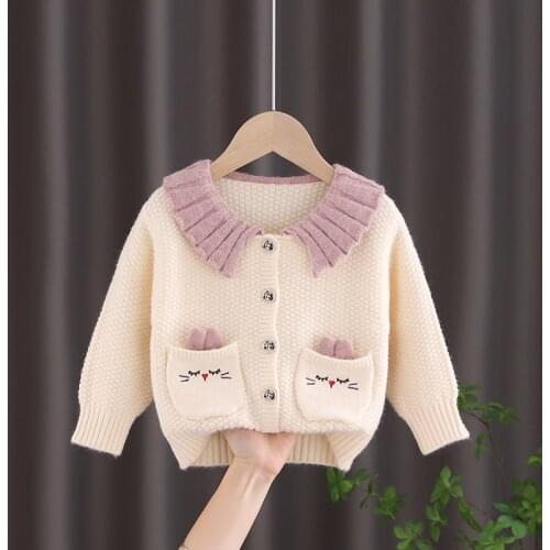 Baby Girls Sweater Cardigan 2021 New Spring Long Sleeve Turn Down Collar Knitted Cardigan Kids Autumn Toddler Girl Sweater Coat