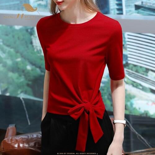 SISHION Half Sleeve Autumn Women Tops VD2102 Black Red Coffee Solid Color Elegant Vintage Blouses T Shirt