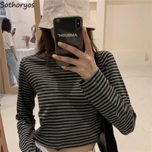 Women Long Sleeve T-shirts Striped Crop Tops Spring Autumn Students Sexy Streetwear All-match Tees Korean Style Casual Daily Top