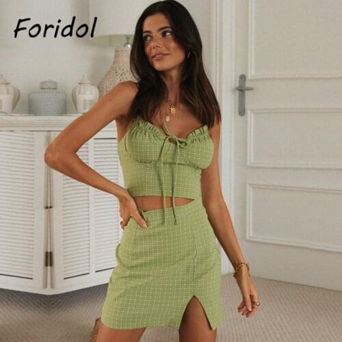 Foridol Plaid Cut Dress Suits Women Summer Beach Slit Dress Sets Boho Lace Up High Waist Green Vintage Dress Vestidos 2021