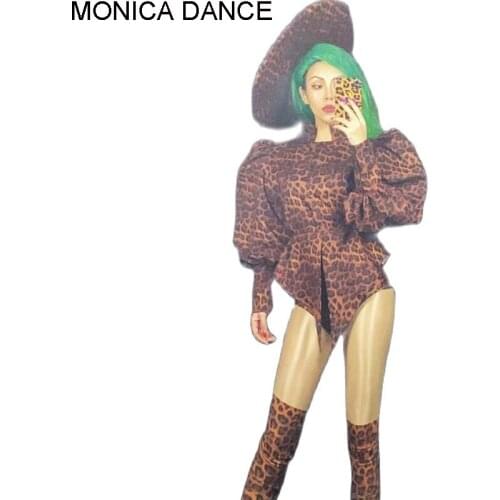 Women Sexy Stage Leopard Print Top Short Stocking Hat 4 Pieces Set Stage Costume Performance Wear Birthday Party Outfit