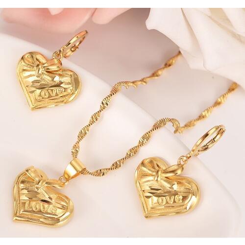 24 K Yellow Gold Filled LOVE Lovely Heart Necklace Pendant Earring set Women jewelry sets PNG Dubai best gift