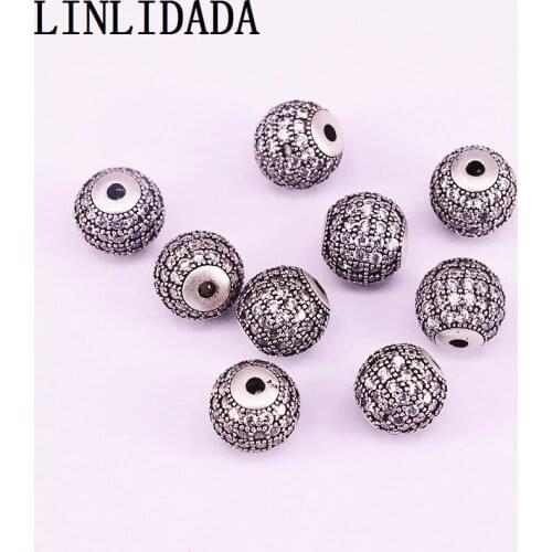 15Pcs Antique Silver Color Micro Pave CZ Round Beads,Cubic Zirconia Pave Connector, Fit Men women Bracelet Making Spacer