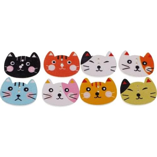 50 Pcs Colorful Cat Shape Wooden Buttons 2 Holes For Decorations
