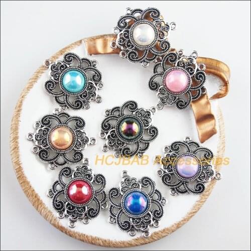 8Pcs Tibetan Silver Tone Retro Flower Mixed Acrylic Charms Connectors 27.5x31.5mm