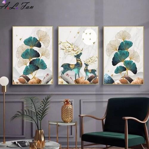 Abstract landscape Nordic poster gold elk deer leaf canvas painting print wall art pictures for living room home decor unframed