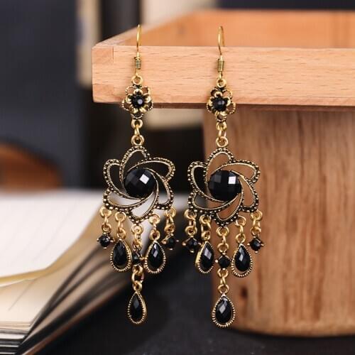 Bohemia Ethnic Indian Earrings Women 2020 Flower Black Resin Gem Beaded Hollow Alloy Dangle Hanging Earrings Jewelry Orecchini