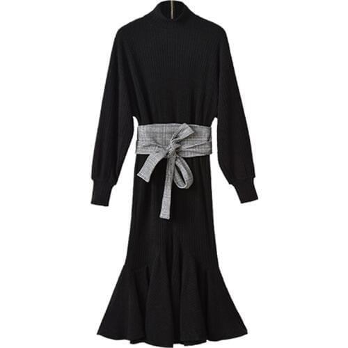 PERHAPS U Black Turtleneck Sash Long Sleeve Fit And Flare Knitted Maxi Dress Autumn Winter Elegant Solid D0795