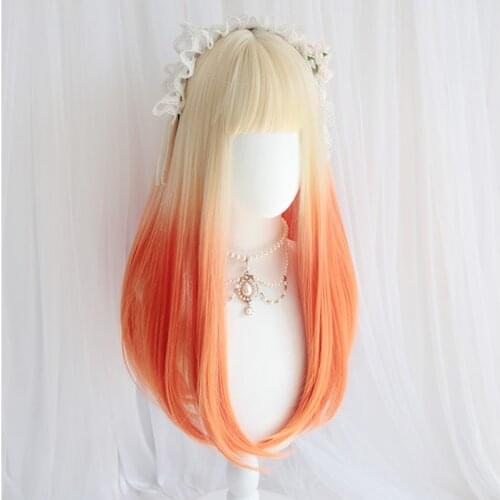 Gradual Beige Orange Lolita Wig Women Harajuku 55cm Long Straight Hair Adult Chic Girls Pumpkin Witch Cosplay Daily Wear