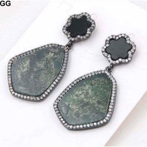 GuaiGuai Jewelry Natural Green Moss Agate Gunmetal Color CZ Pave Real Gems Stone Earrings For Women