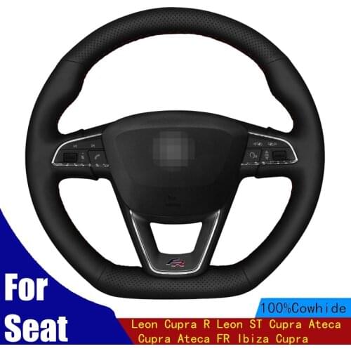 Car Steering Wheel Cover Hand-stitched Black Genuine Leathe For Seat Leon Cupra R Leon ST Cupra Ateca Cupra Ateca FR Ibiza Cupra