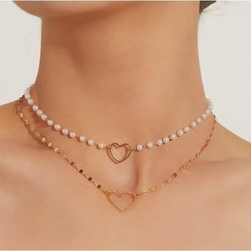 Hollow Hearts Pendants Necklaces for Women Imitation Pearls Choker Clavicle Chain 2021 Fashion Jewelry Layered Necklace New