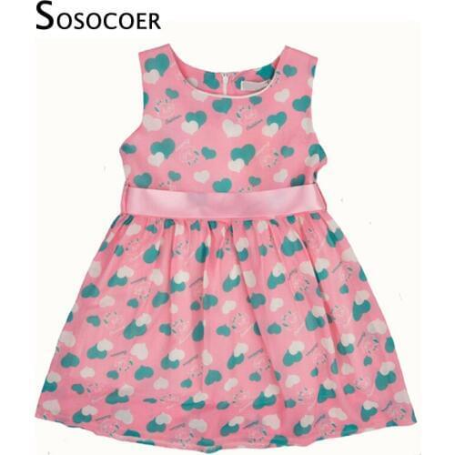 SOSOCOER Summer Girls Baby Dress Cute Kitten Pattern Pink Sleeveless Dress Girl Kids Clothes Cartoon Cat Belt Childrens Dresses