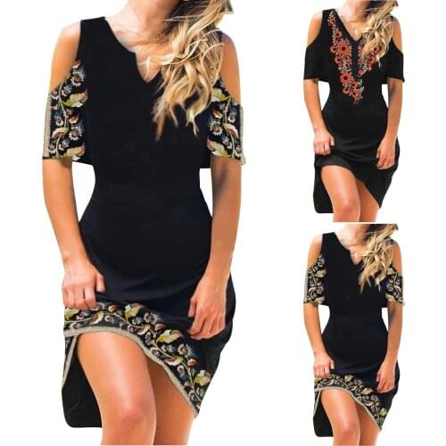 Summer WomenS Dress New Fashion Casual Print Short-Sleeved Off-The-Shoulder Hollow V-Neck Dress Was Thin And Tight платье летне