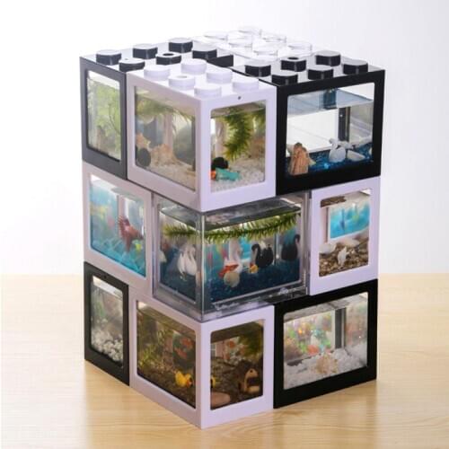 Small Cute Aquarium Fish Tank Ornamental Box Building Block Design Mini Reptile Pet Fish Spiders Ants DIY Aquarium Decoration