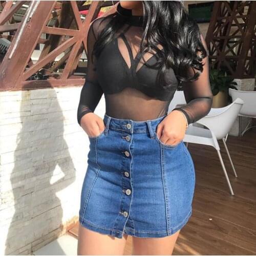 Fashion High Waist Bodycon Skirt Women Summer Sexy Front Single-breasted Pockets Denim Skirts Women Mini Skinny Party Hip Skirt