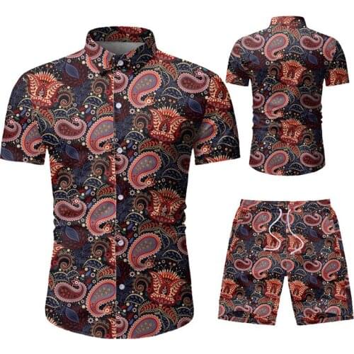Mens Slim Fit Folk Match Bottoms for Men 2 Pieces Set Shirt Shorts Ethnic Floral Print Fashion Tops Pants Holiday