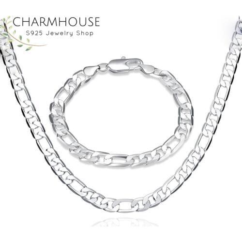 925 Silver Jewelry Sets For Man 8mm Link Chain Necklace Bracelet 2pcs Jewellery Set Collier Pulseira Homme Birthday Gifts