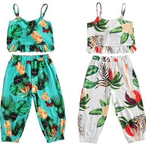 2-7T 2Pcs Toddler Baby Girl Clothes Set Plant Print Outfits Sleeveless Ruffle Vest Top Long Pants Summer Children Kids Suit New
