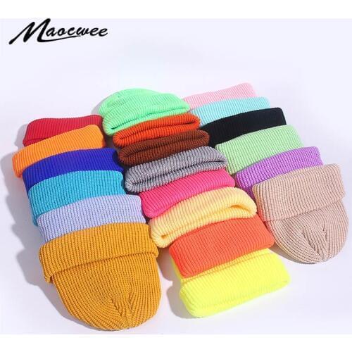 Women Man Winter Ribbed Knitted Cuffed Short Acrylic Melon Cap Casual Solid Color Skullcap Baggy Retro Ski Adult Beanie Hat