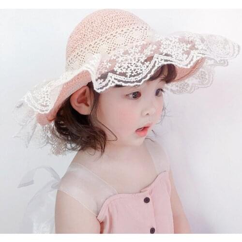 Lace Flowers Sweet Sun Hats Girls Kids Summer Spring Caps Breathable Straw Elegant Sunhat Lovely Baby Bonnet 2021 Fashion