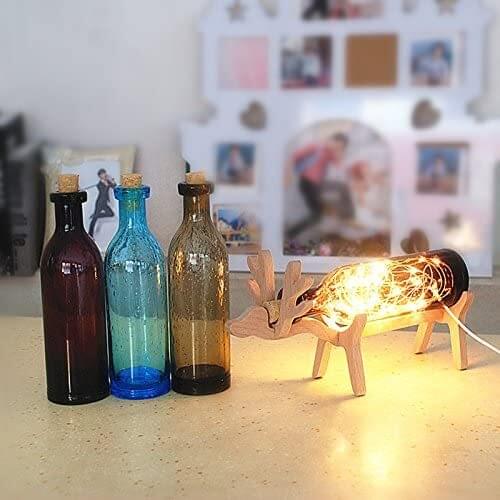 Bar Pub Glass Bottle Light Table Lamp With Elk Wood Base Bedroom Decor