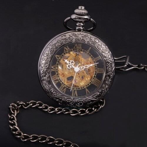 TIEDAN Steampunk Classic Elegant Skeleton Men Watch Transparent Mechanical Automatic Retro Vintage Pendant Pocket Fob Watch