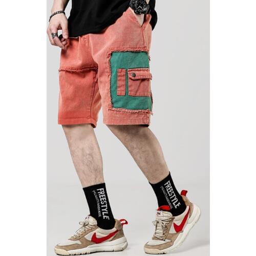 High Quality Color Patchwork Stylish Mens Cargo Short Jeans Hip Hop Summer Male Casual Knee Length Denim Streetwear OvreSize