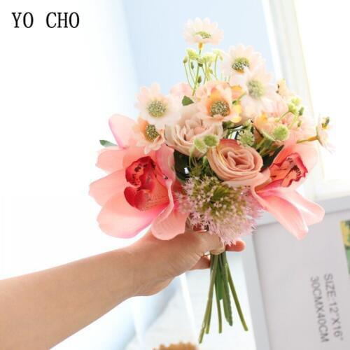 YO CHO Pink Silk Rose and Orchid Flower Bouquets DIY Home Wedding Decortaion Artificial Rose Flower Bouquets