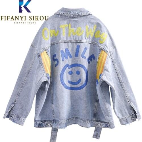 2020 Autumn Women Ripped Denim Jacket Fashion Embroidery Lapel Loose Jeans Jacket Women Korean Casual Long Sleeve Jeans Coat