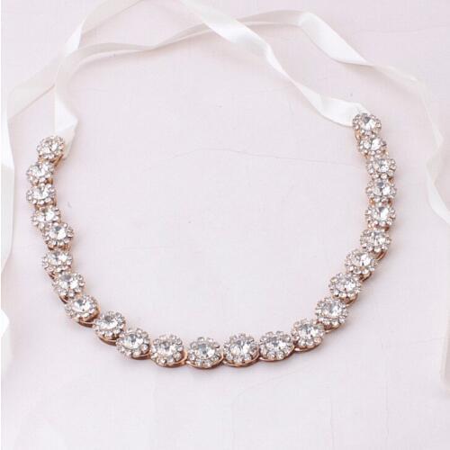 SLBRIDAL Rose Gold Wired Clear Crystals Rhinestones Ribbon Wedding Headband Bridal Stuio Hair Accessories Bridesmaids Women