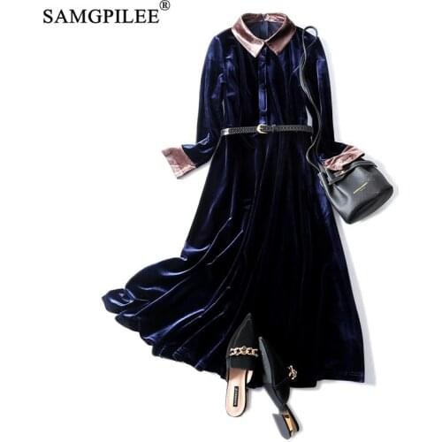 Long Dresses For Women 2021 Casual A-line Solid Full Sleeve Sashes Plus Size Empire Turn-down Collar Elegant Dresses For Women