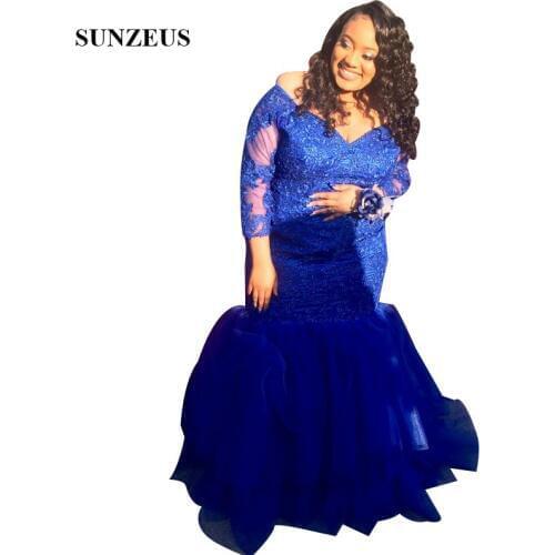 Big Women Plus Size Prom Dresses 2019 Mermaid V-neck Off Shoulder Appliques Party Gown Royal Blue Long Formal Wear African Women