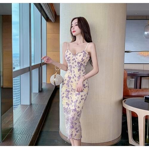 2020 summer new sexy deep v waist suspender dress lace crochet floral backpack hip Sleeveless Office Lady Polyester