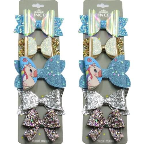 10PCS/SET Pretty Blue Unicorn Baby Girls Clip Leather Bows Child Tie Knot Creativity Handmade Hairpins Hair Accessories For Kids