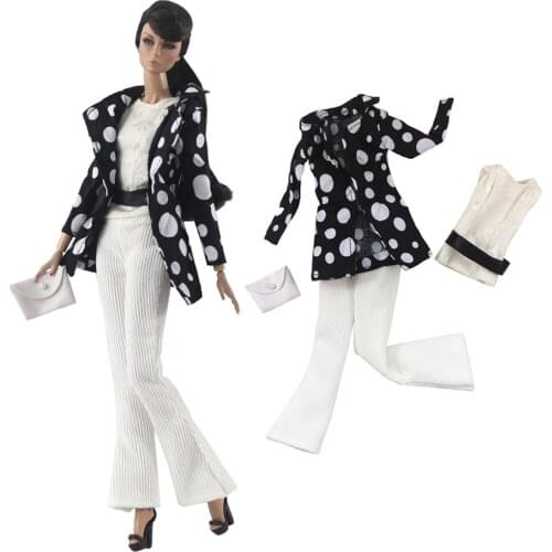 4 Items/ Set Doll Gown Fashion Black Coat + White Shirt+Bag+ Long Trouseres Casual Wear For Barbie Doll Accessories Toys