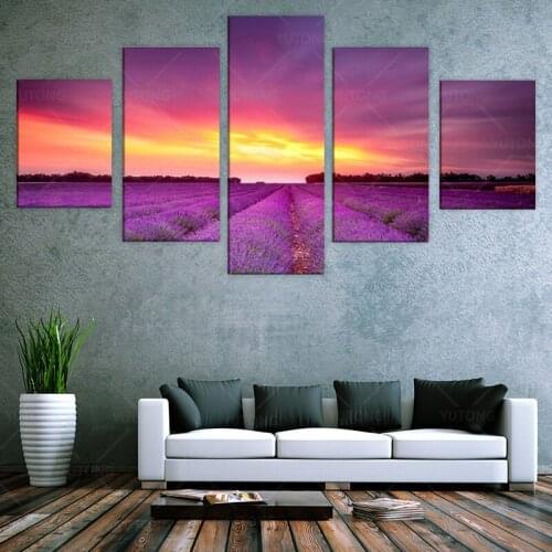 5 Pieces Romantic Lavender Sea Sunset Landscape Modern Canvas Painting Framed Printed Wall Art Pictures Poster Room Home Decor