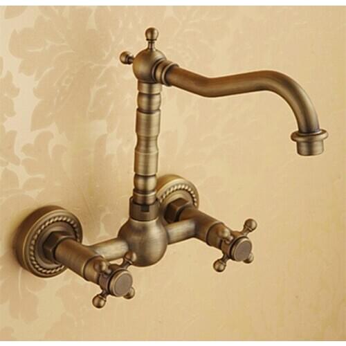 Free Shipping Dual handle antique basin faucet with wall mounted antique bathroom basin sink faucet by brass gold kitchen faucet