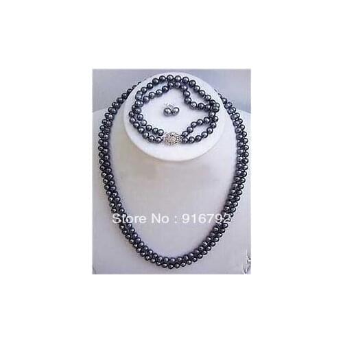 Free P&P >>>>>7-8mm Black Pearl Necklace Bracelet earrng AA+ Sets