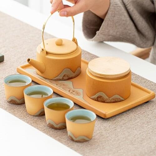 Tianqing kungfu tea set simple modern small set Japanese style gift box household beam pot porcelain tea cup