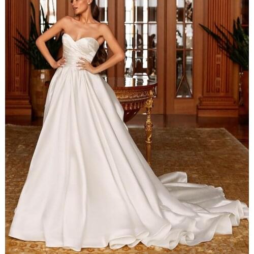 Elegant A-Line Long Satin Wedding Dresses V-Neck Sweep Train Bowknot Back Vestidos de Novia Abendkleider Bridal Gowns for Women