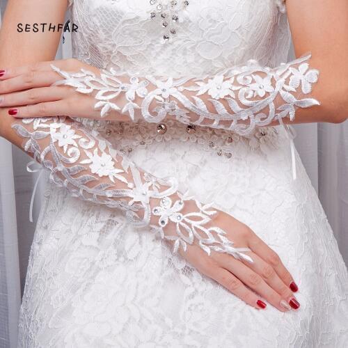 Long Lace Bridal Gloves Lady Formal Banquet Gloves for Bride Evening Party (White)