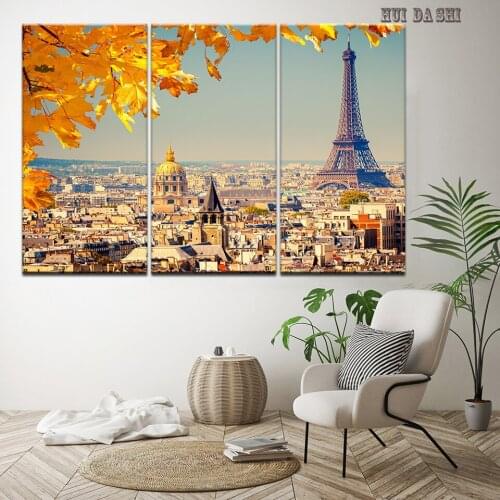 Home Decor Painting Modern Poster Wall Art 3 Panel City Paris Tower Maple leaf Landscape Living Room HD Print Canvas Picture