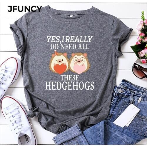 JFUNCY 100% Cotton Women Tshirts Oversize Short Sleeve T-shirt Summer Loose Tee Shirt New Cartoon Hedgehog Print Woman Tops