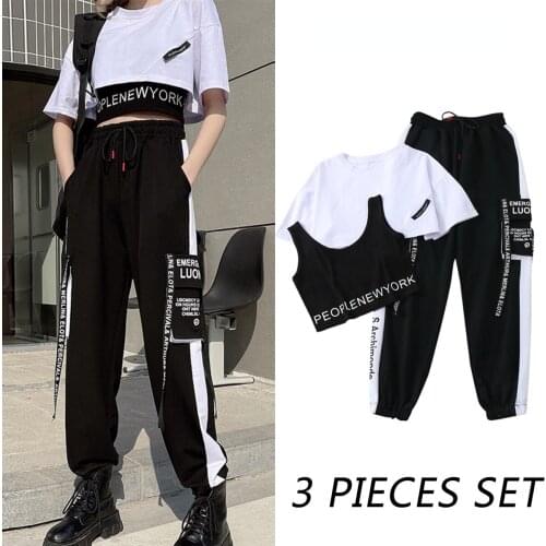 3 Pieces Set Summer Women Loose&Handsome Cargo Pants Suit Streetwear Outfit Harajuku Short Sleeve 2021 Thin Legged Casual Set