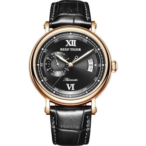 Reef Tiger RGA1617-2 Fashion Genuine Leather Band Men Waterproof 24 Hour Dial Automatic Self Wind Mechanical Wristwatch-Rosegold