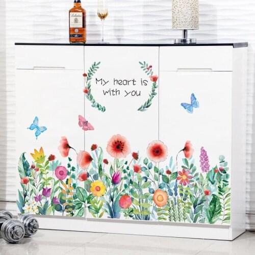 Kitchen Skirting Line Wall Stickers Bedroom Decor Aesthetic Flowers Butterflies Bathroom Waterproof Stickers Home Decoration Art