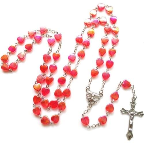 QIGO Catholic Acrylic Heart Rosary Necklace Long Cross Pendant Strand Religious Jewelry For Women
